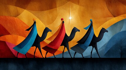 Three wise men travel in vibrant robes, guided by a bright star in a vivid sky