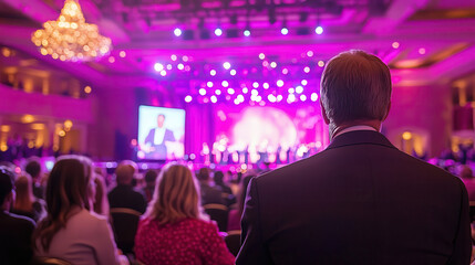 man in suit watches stage performance with colorful lights and large screen, surrounded by audience. atmosphere is vibrant and engaging