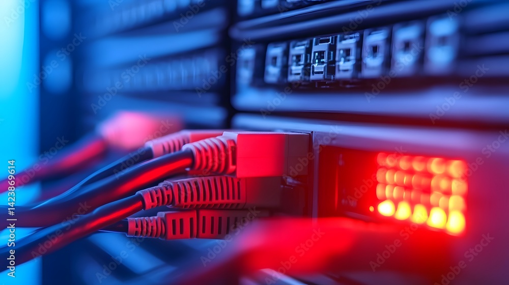 Poster glowing network cables connected to data server with high-speed broadband technology