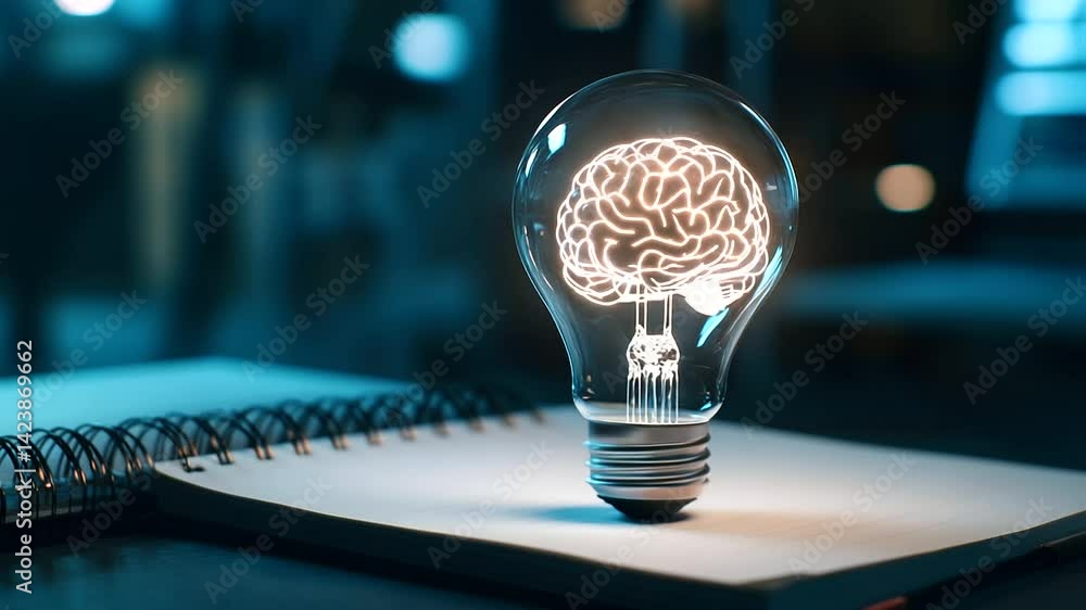 Poster a close-up of a glass bulb containing a digital brain, placed on a notebook. the fusion of ai, deep 