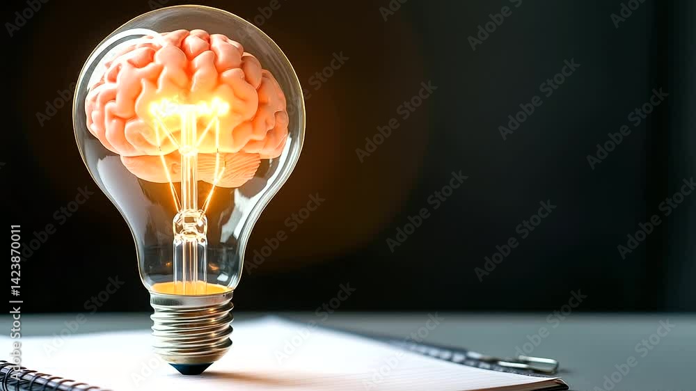 Poster a semi-transparent brain inside a lit bulb, resting on a brainstorming notepad. this artistic metaph