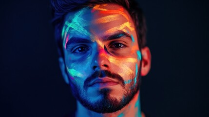 Striking portrait of a man with vibrant neon paint, illuminating artistry