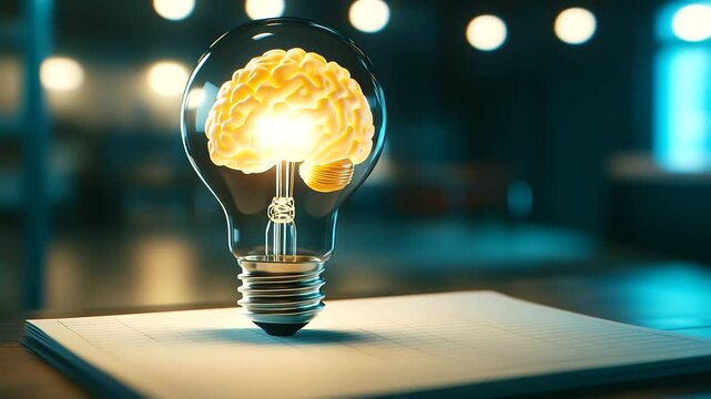 A semi-transparent brain inside a lit bulb, resting on a brainstorming notepad. This artistic metaphor highlights problem-solving, science, and intellectual curiosity.