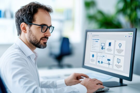 5g networks connectivity AI integration Focused man working on a computer in a modern office setting.