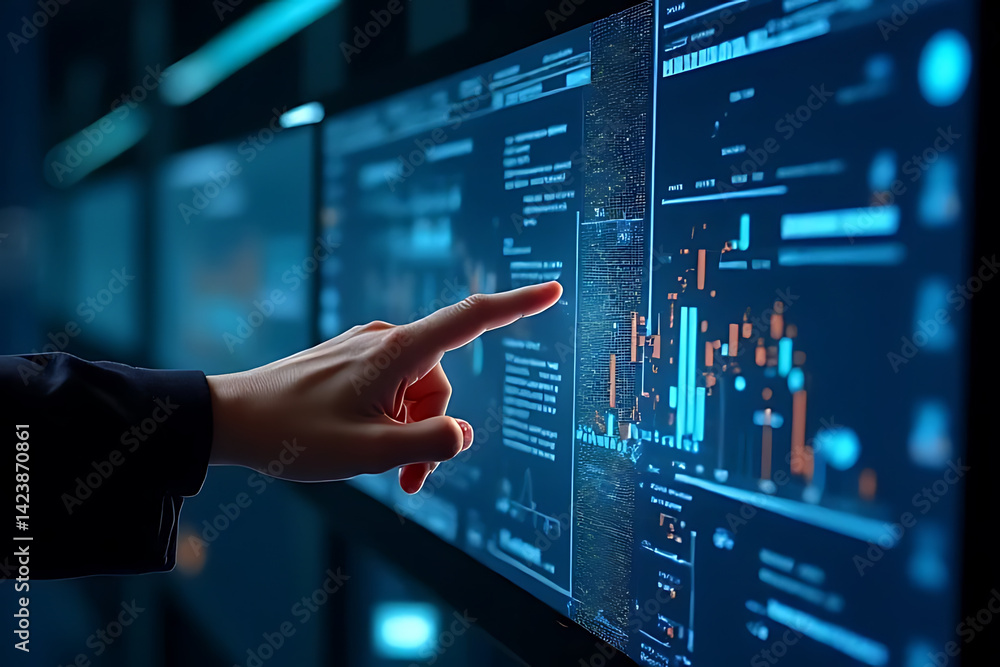 Poster analyzing data trends digital workspace infographic technology close-up data visualization