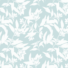 Simple monochrome two-color seamless pattern with flowers silhouette.