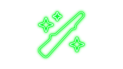 Neon wand sparkles icon green color glow with transparent background