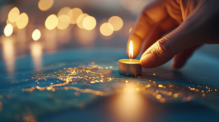 hand gently places small candle on map, illuminating surroundings with warm glow, creating serene and reflective atmosphere