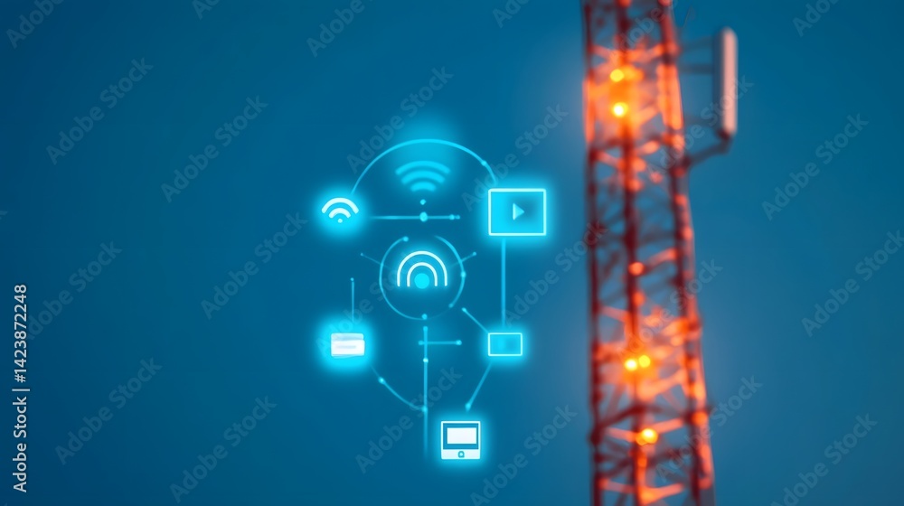 Aufkleber 5g network tower with digital icons symbolizing iot and fast internet connectivity