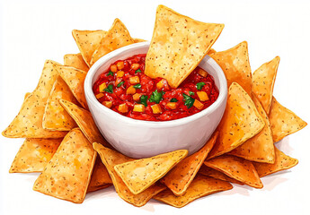 Cheerful golden tortilla chips and red salsa illustration. Perfect for Cinco de Mayo, restaurant menus, food blogs, snack ads, and Mexican-themed designs.