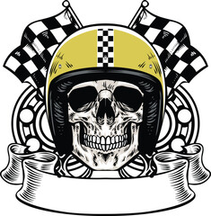 T-shirt design of skull of biker head of character in helmet for riding motorcycle vector