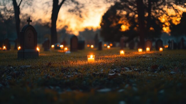Day of Remembrance, row of candles flickering on graves in a cemetery, 