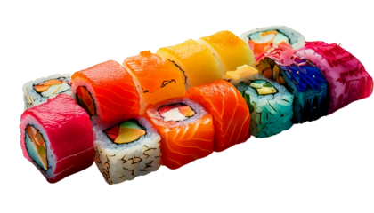 Vibrant Neon Sushi Art Geometric Artificial Rolls on Minimalist On White  Background
