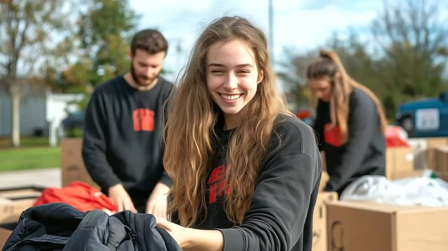 A hard-working volunteer picks up a jacket from a pile of donations. Behind her, two fellow volunteers organize boxes, creating a scene of teamwork and generosity.