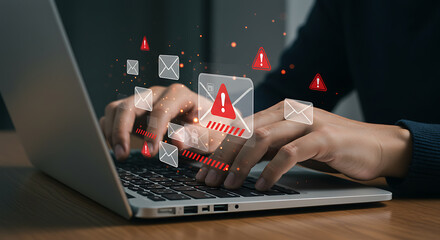 Cybersecurity Threat: Person Typing on Laptop with Warning Alerts and Mail Icons Overlayed.
