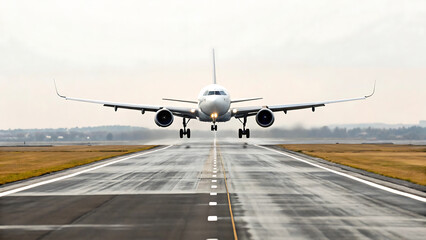Obraz premium Airplane Landing on Runway Front View, White Background