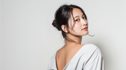 Fototapeta premium 白いトップスの女性が背中を見せる横顔ショット（広告・美容・コスメ）