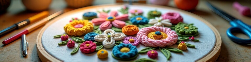 Colorful floral embroidery design on hoop with scissors and tools