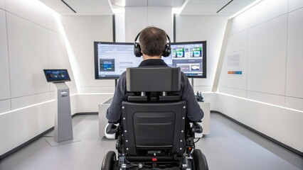 Fototapeta premium Healthcare technology, telemedicine and connectivity concept. Man in a wheelchair using technology in a modern workspace.