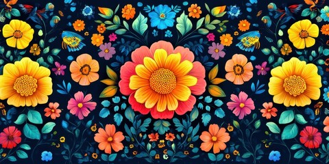 Vibrant floral pattern featuring colorful flowers and butterflies on a deep blue background
