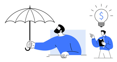 Man holding umbrella symbolizing protection, another person pointing at dollar sign lightbulb. Ideal for finance, investment, creativity, idea protection, risk management, business strategy, flat