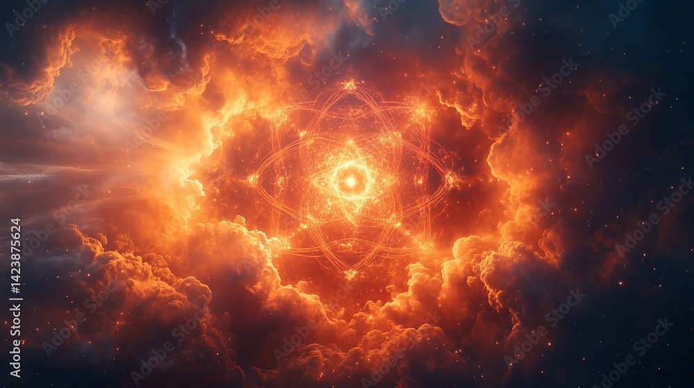 Poster geometric and mathematical symmetric and spherical atomic cloud with a red glow from.
