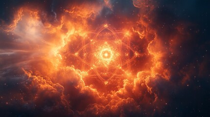 Naklejka premium Geometric and mathematical symmetric and spherical atomic cloud with a red glow from.