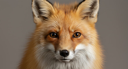 Fototapeta premium Direct Gaze: Portrait of a Red Fox with Intense Amber Eyes on Neutral Grey Background.