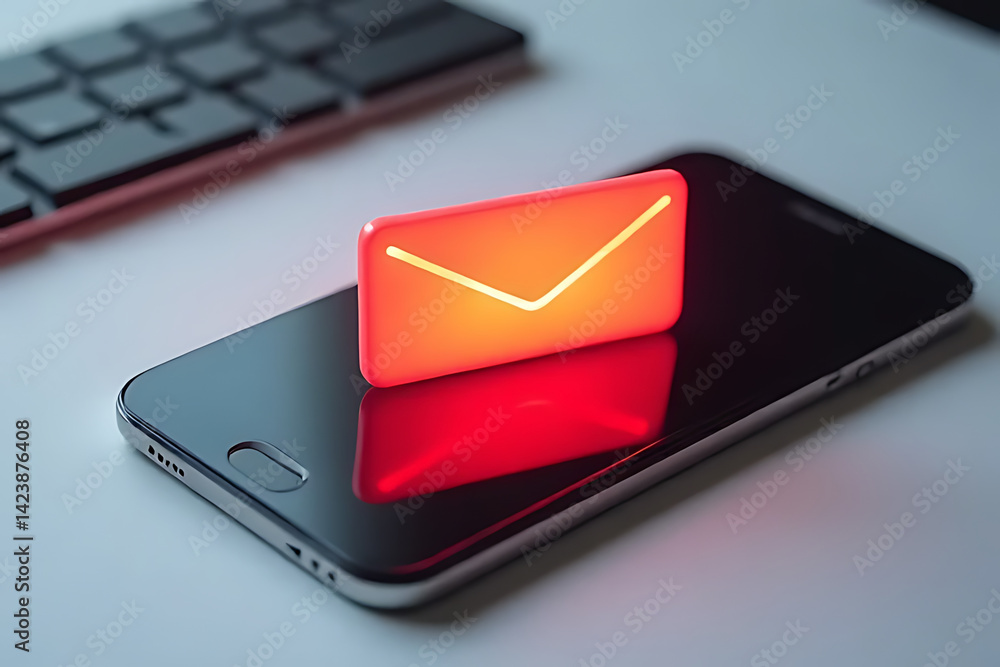 Aufkleber digital communication alert displaying message notification on smartphone screen modern office setup