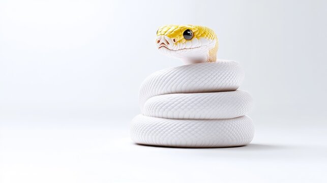 A striking close-up of a white ball python with a yellow head and distinctive markings, coiled elegantly against a clean white background.