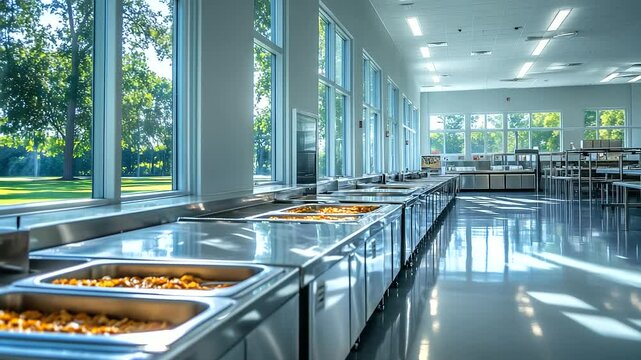 An empty school cafeteria with a clean, organized lunch line filled with fresh meals. Stainless steel trays reflect sunlight streaming through large windows, highlighting the welco