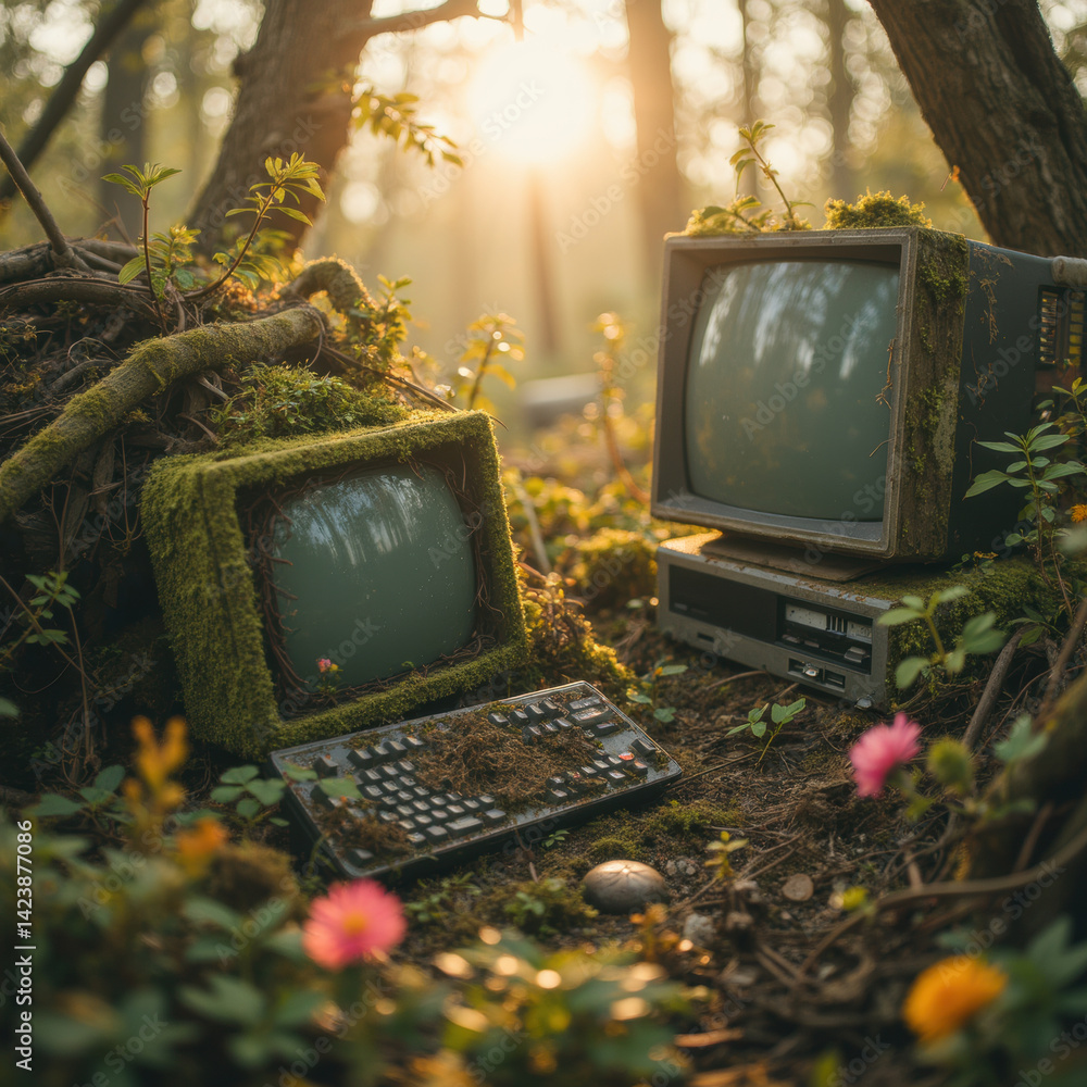 Poster old computers nature, surrounded by moss and flowers, create serene and nostalgic atmosphere. sunlig