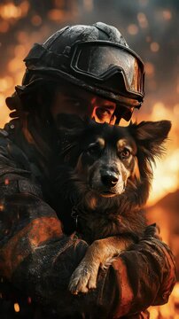 Hero's Embrace: A resilient firefighter, his face etched with grit, cradles a rescued dog amidst a fiery inferno, embodying compassion and courage in the face of crisis.