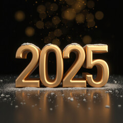 shiny golden number 2025 stands prominently against dark background, surrounded by soft bokeh lights and sprinkle of snow, evoking festive