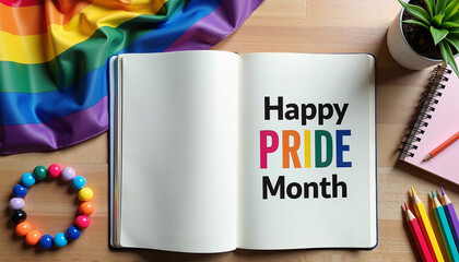 Celebratory Pride Month message in colorful notebook setting  