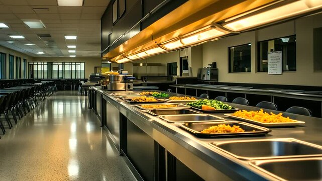 A well-lit school cafeteria with a fully stocked lunch line waiting for students. Stainless steel food trays display an assortment of dishes, while neatly arranged chairs and table