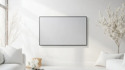 A modern living room interior with a blank television screen mounted on a white wall, surrounded by minimalist decor including pillows, a sofa, and floral arrangements.