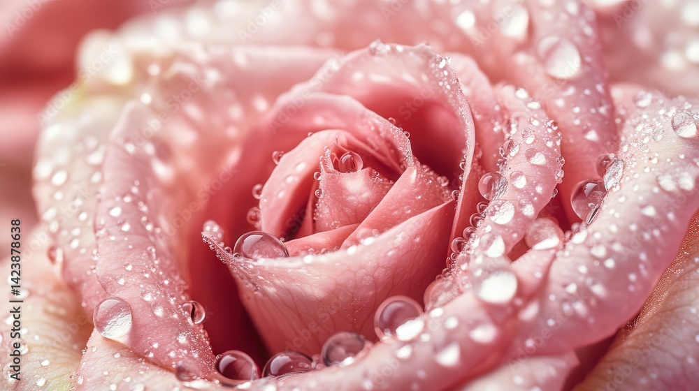 Poster water droplets gliding down the smooth surface of a rose leaf, reflecting the light and adding spark