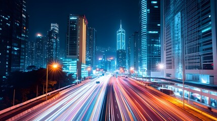 Obraz premium Illuminated Cityscape with Blurred Traffic on Metropolitan Road at Night