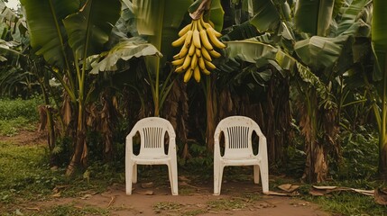 Two slightly worn white plastic chairs surround by a lush tropical setting with dense banana trees. 15