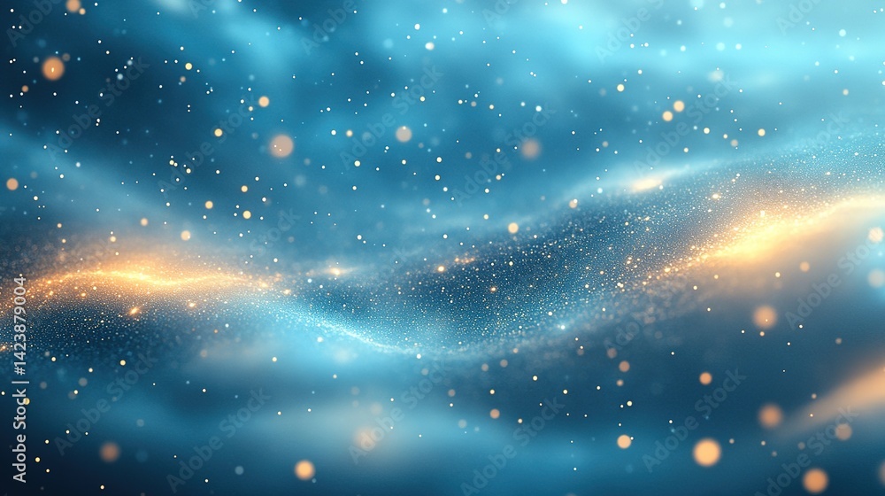 Poster abstract swirling energy particles in a dark blue and gold nebula. a dynamic display of digital part