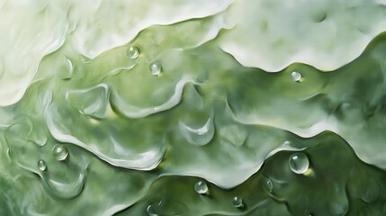 water droplets resting on a rose leaf, their delicate forms flowing down the smooth surface. The light reflects off the droplets