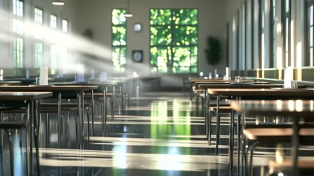A quiet school cafeteria before lunchtime, with steaming food ready in serving trays. Sunlight streams through windows, casting soft highlights on the clean dining tables and polis