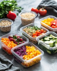 Eco Friendly Meal Planning space text/ Colorful Healthy Meal Prep Containers with Fruits Grains and Vegetables