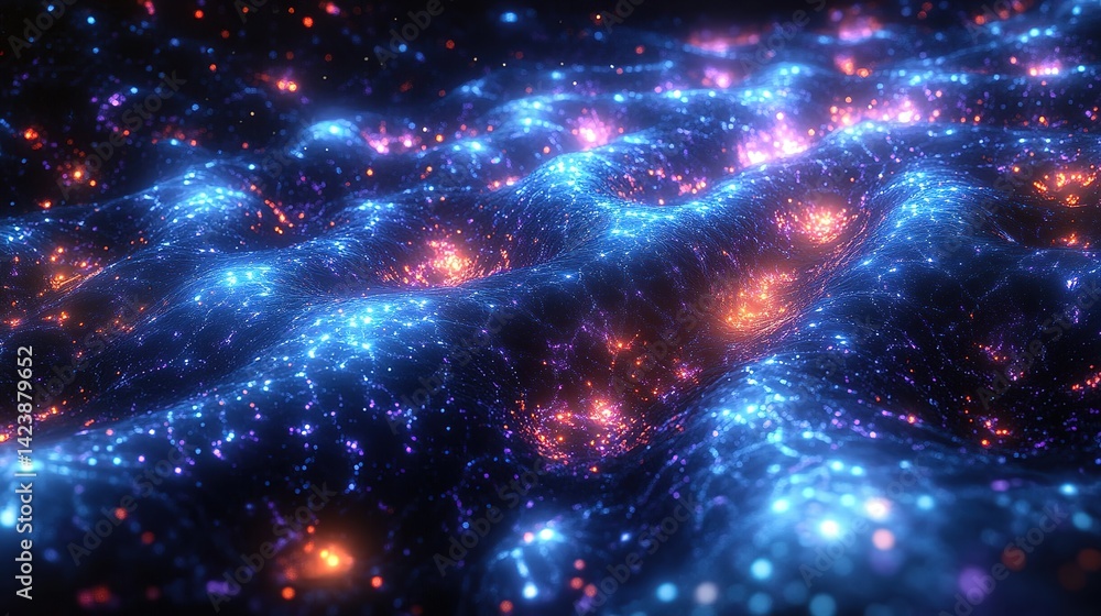 Poster abstract landscape of glowing particles. complex, dynamic terrain of shimmering energy