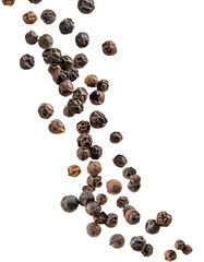 Black peppercorns falling against transparent background, clipping path included