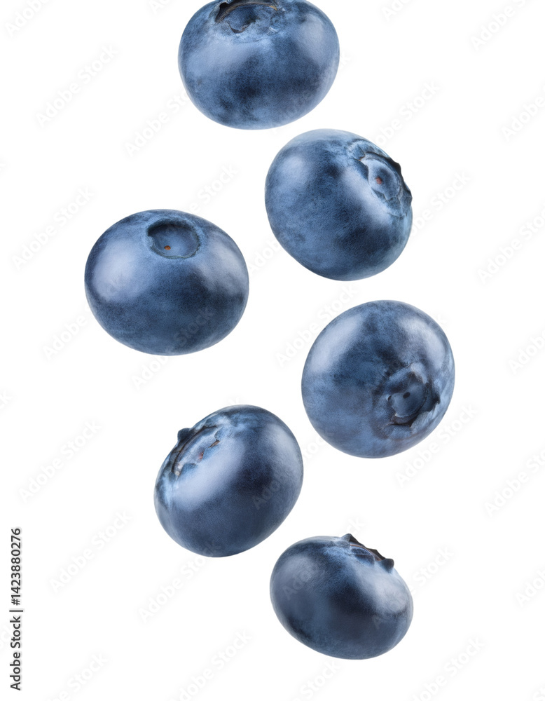 Poster ripe blueberries falling against a transparent background, creating a dynamic and appetizing image