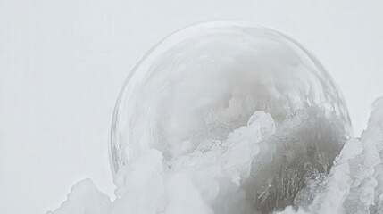 A close-up reveals a soap bubble as it begins to freeze in the snow. The process of ice formation is visible, with frost creeping over the surface