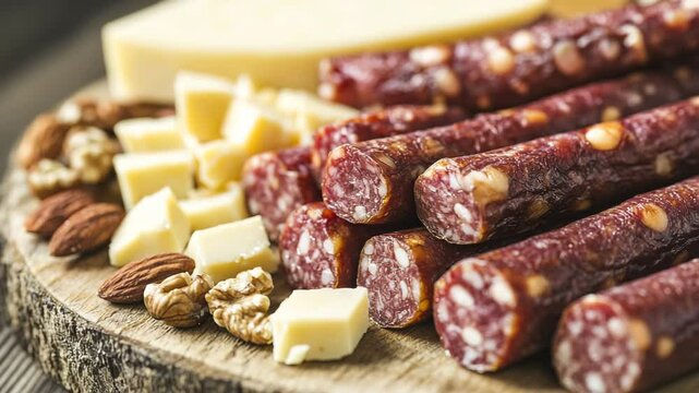 Close-up of dried sausage sticks with cheese and nuts