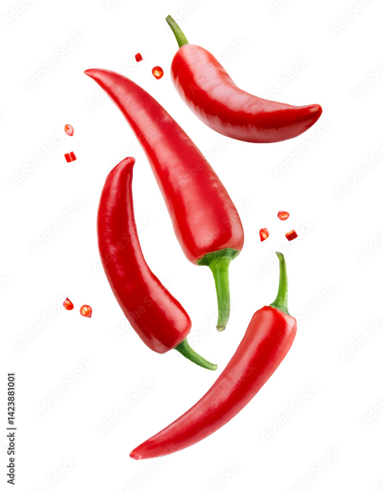 Poster four red chili peppers falling against a transparent background, creating a dynamic and vibrant imag